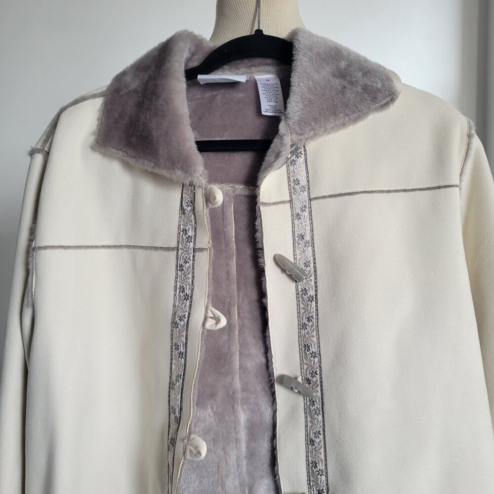 Alfred Dunner Faux Fur Suede Shearling Toggle Coat w/Embroidered Trim (Size: 16)